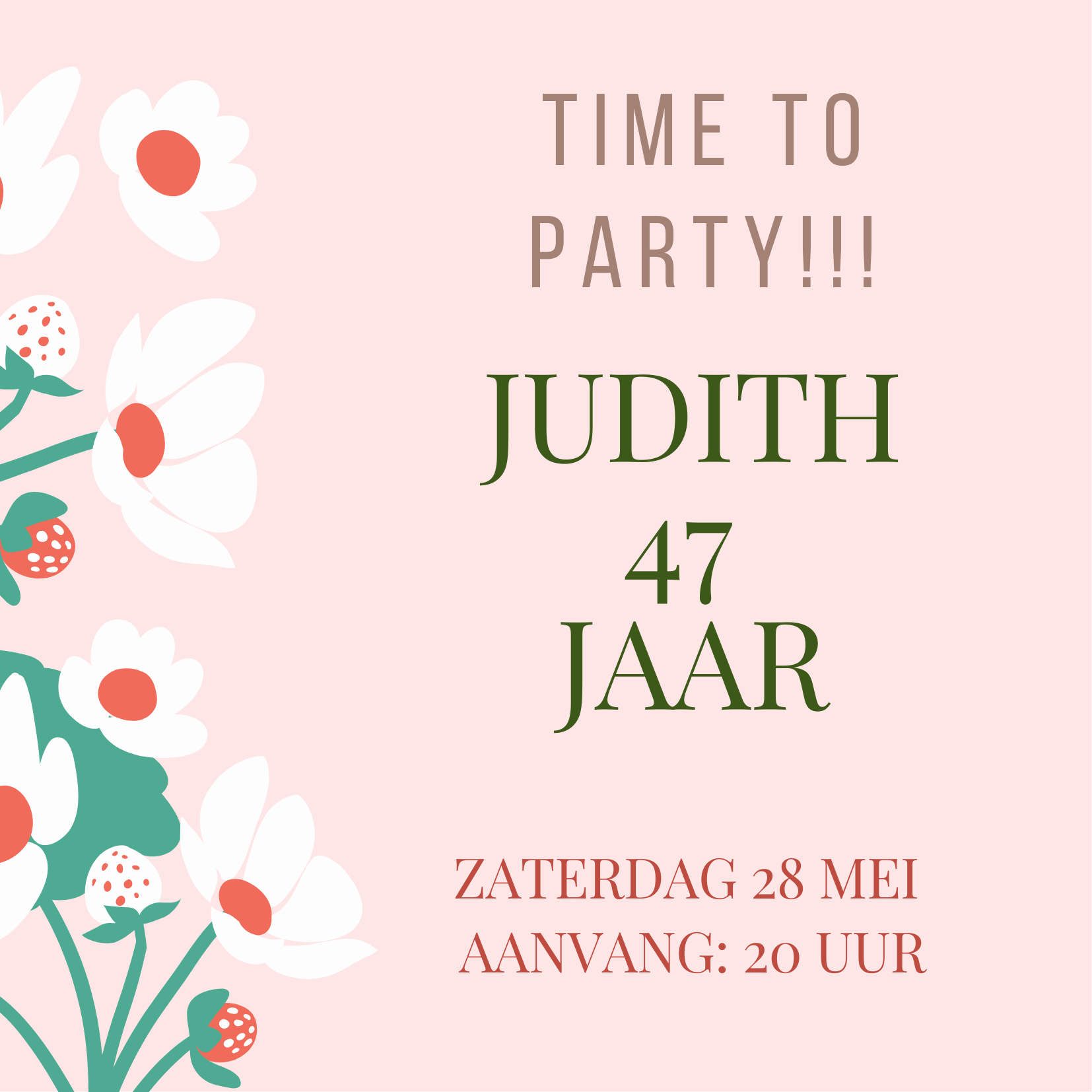 Digitale verjaardagsuitnodiging met roze achtergrond en tekst