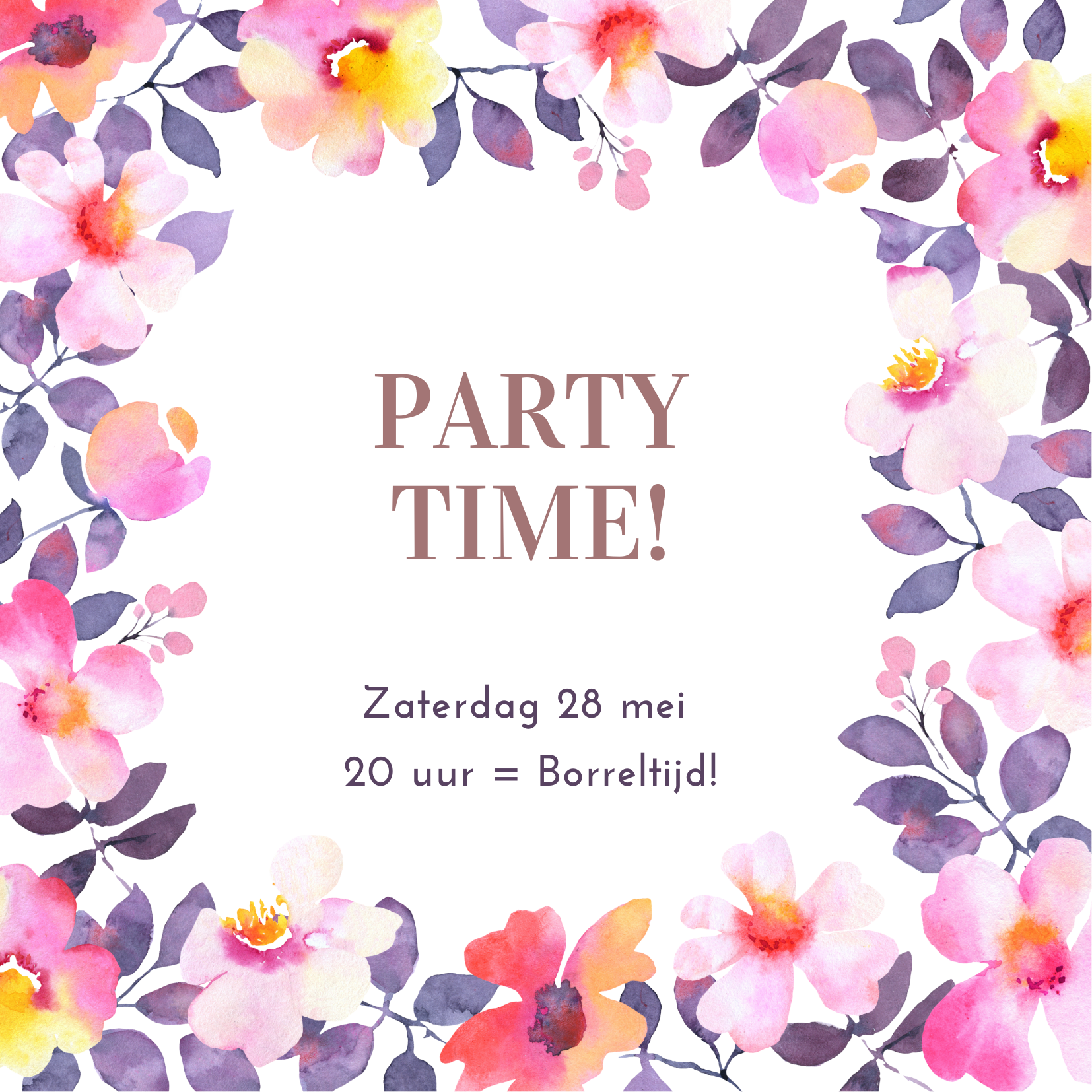 Digitale uitnodiging voor mijn verjaardag met paarse en roze bloemen